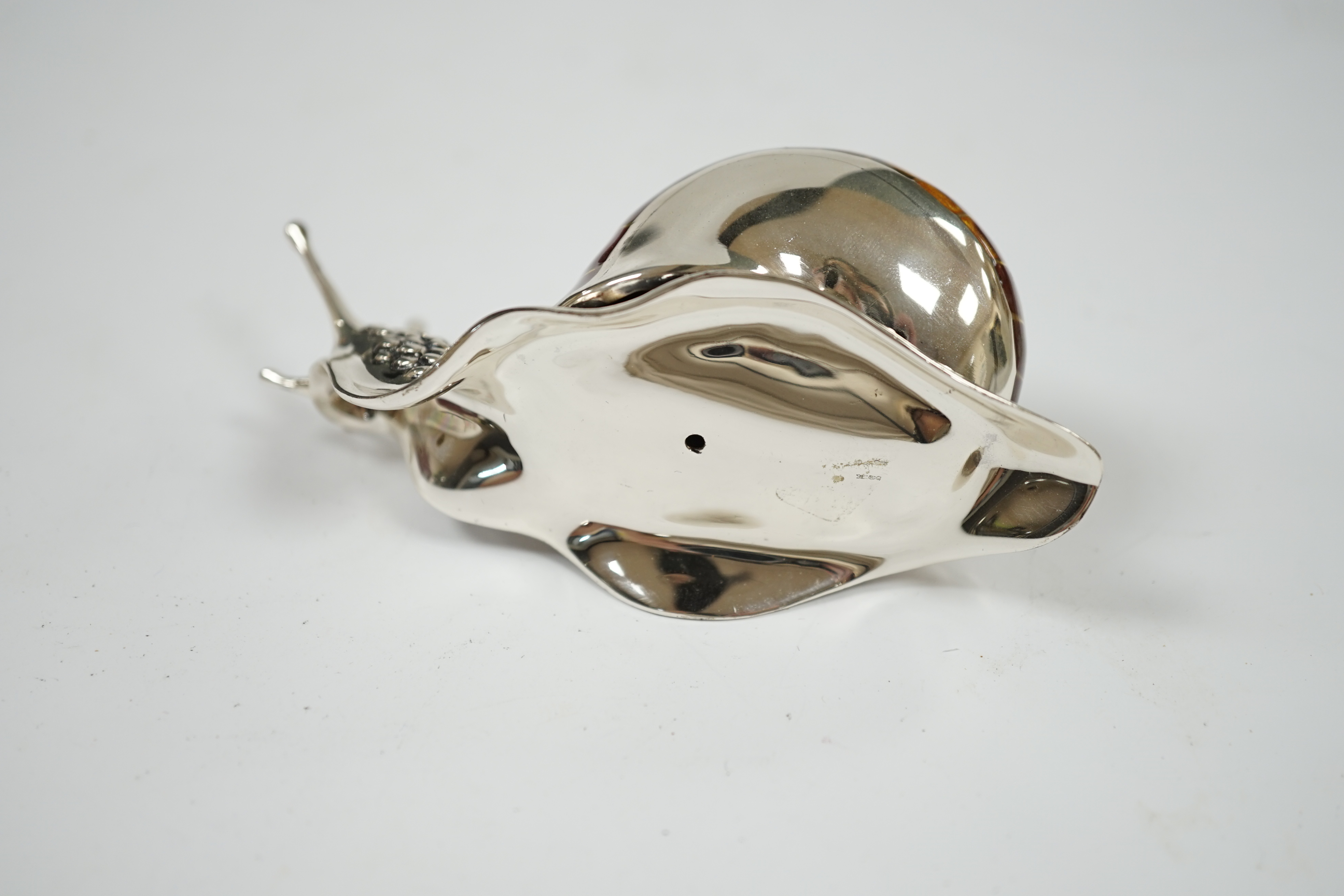 A Saturno silver and enamel model of a snail, by Francis Howard, length 10cm, gross weight 5oz. Condition - good